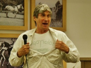 Harvey Wasserman, who originally coined the term “No Nukes” back in the early ‘70s, and is an author, activist and journalist, jokes about his latest book, “Solartopia!” as he kicks off the latest speaker series of the Malibu Democratic Club. Photo: Malibu Times